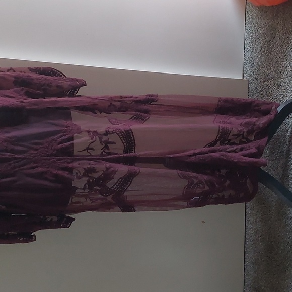Embroidered Crochet Burgundy Open Front Duster Kimono L Indie Boho Festival - Picture 7 of 12